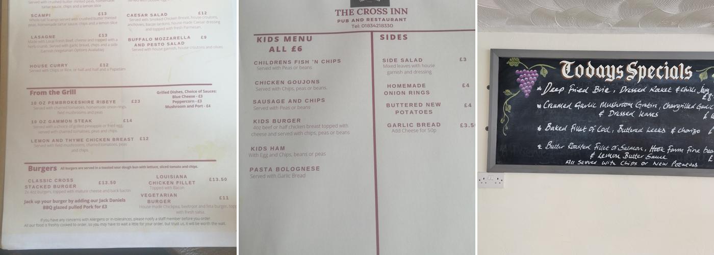 The Cross Inn, Broadmoor, Kilgetty Menu