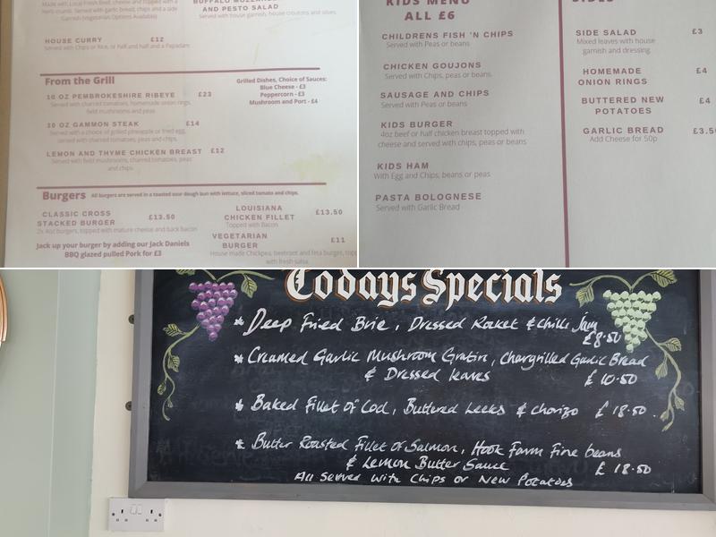 The Cross Inn, Broadmoor, Kilgetty Menu