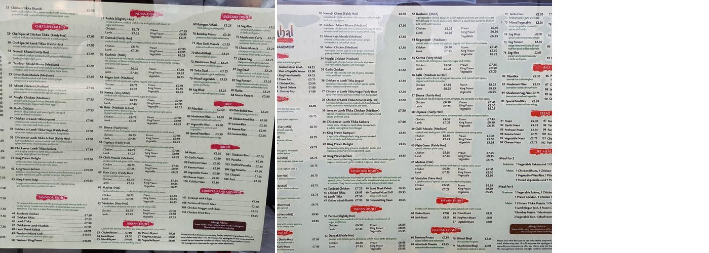 Taj Mahal Menu