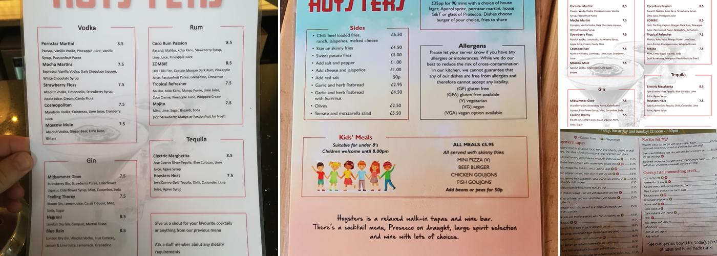 Hoysters Menu