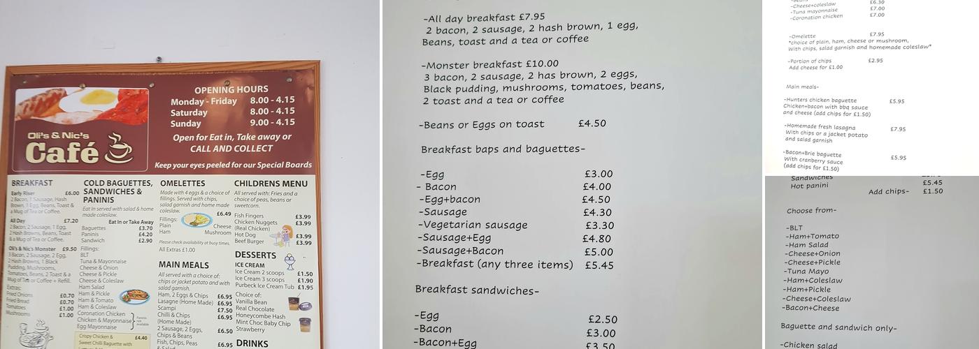 Oli and Nic's Cafe Menu
