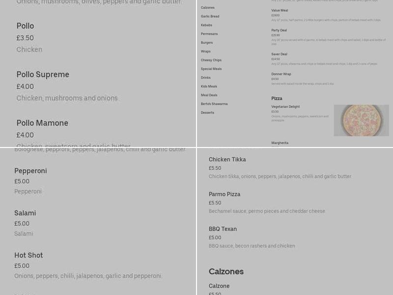 Bertos Bishop Auckland Menu