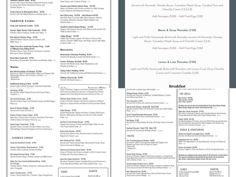 Sallys of Omagh Menu