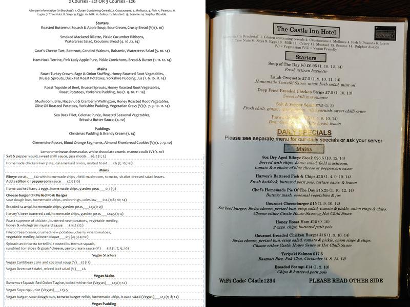 The Castle Inn Hotel Menu