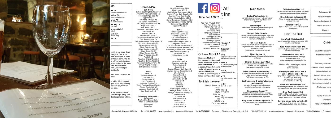 The Goat Inn - Tafarn Yr Afr Menu