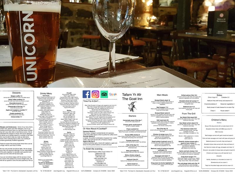 The Goat Inn - Tafarn Yr Afr Menu