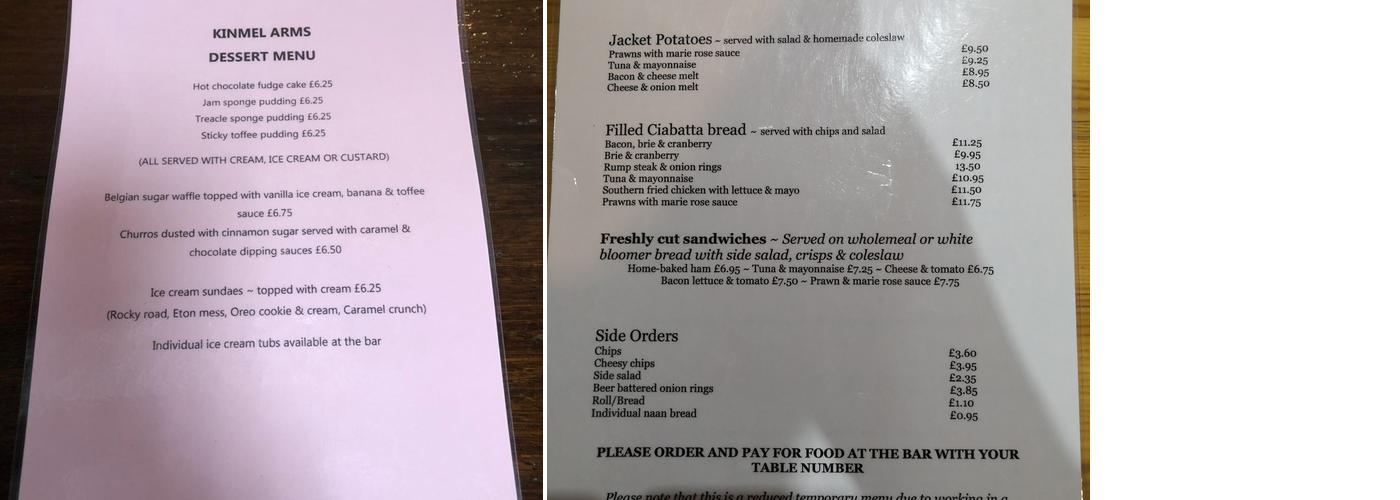 Kinmel Arms Menu