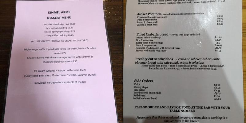 Kinmel Arms Menu