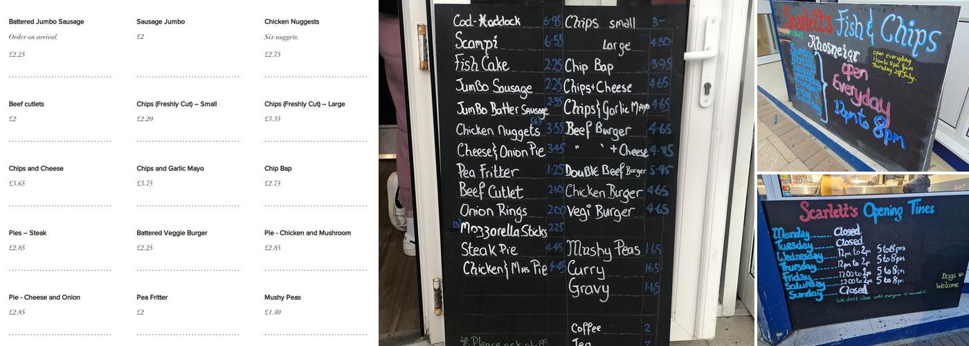 Scarlett’s Fish & Chip Shop Rhosneigr Menu
