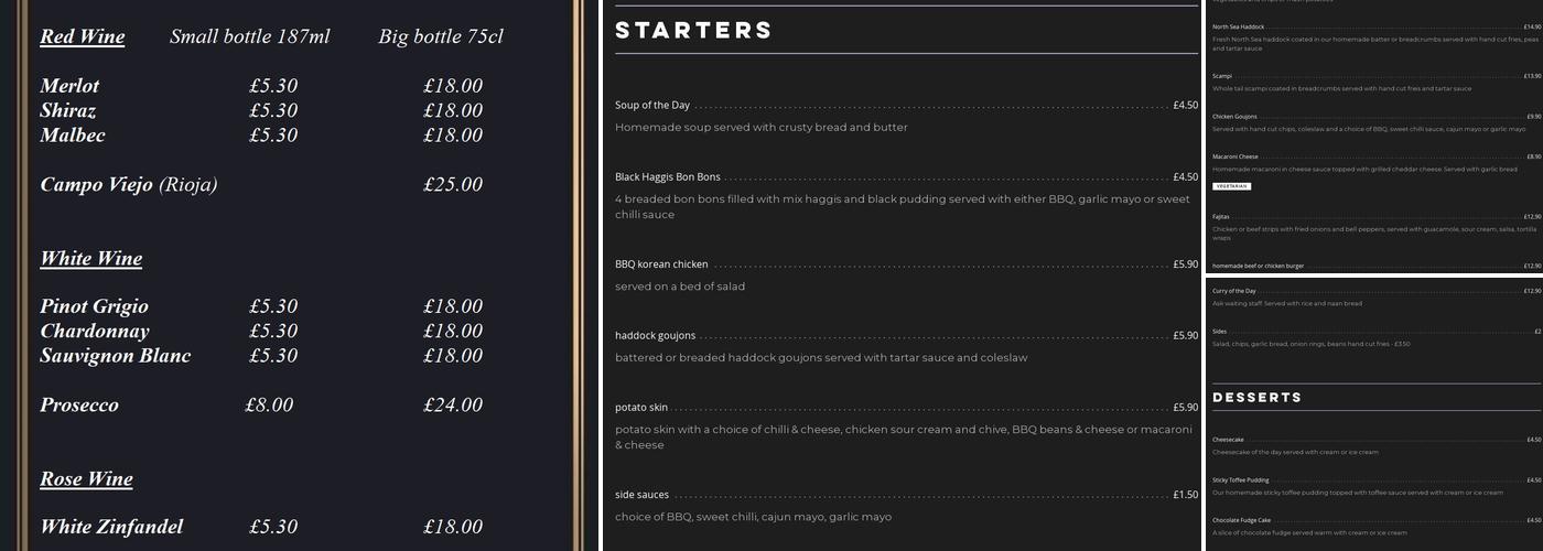 The Paddock Bar Menu