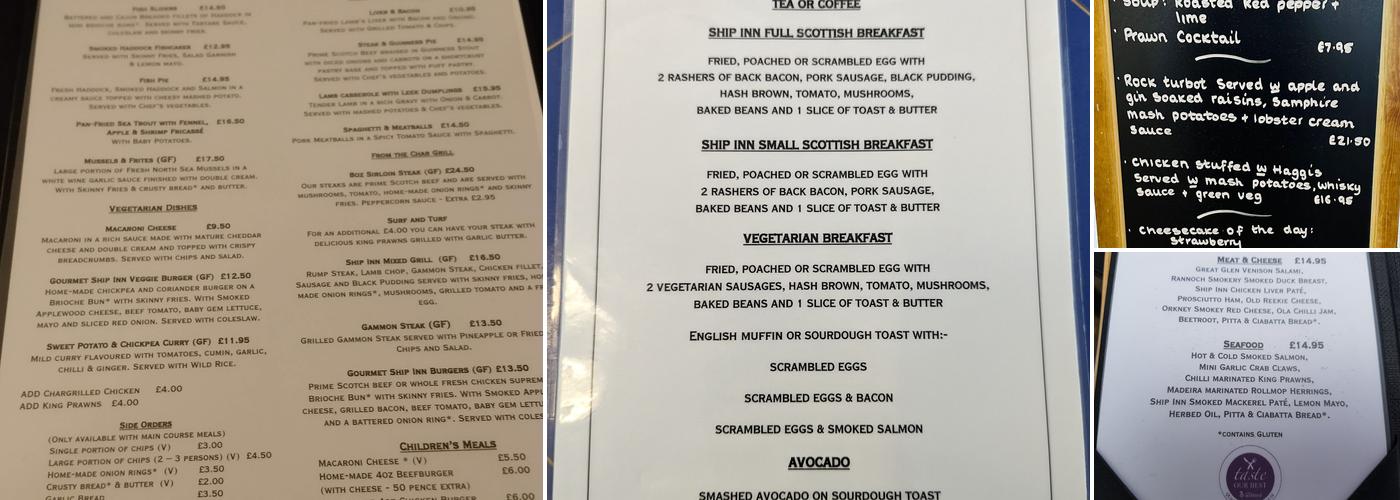 The Ship Inn, Stonehaven Menu
