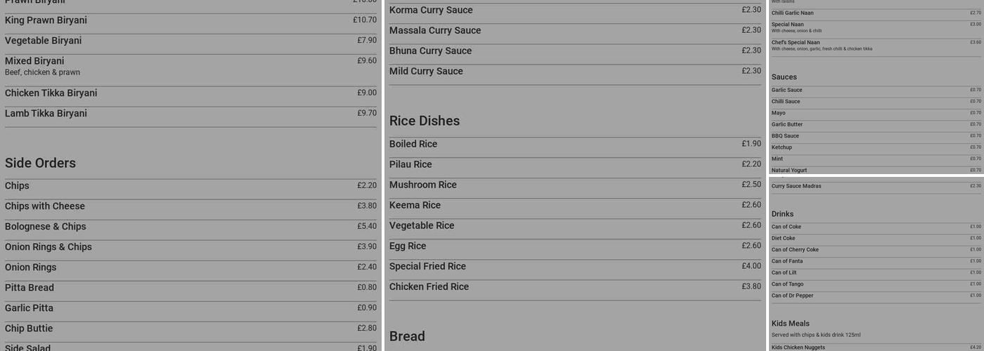 Kashmir Continental Menu