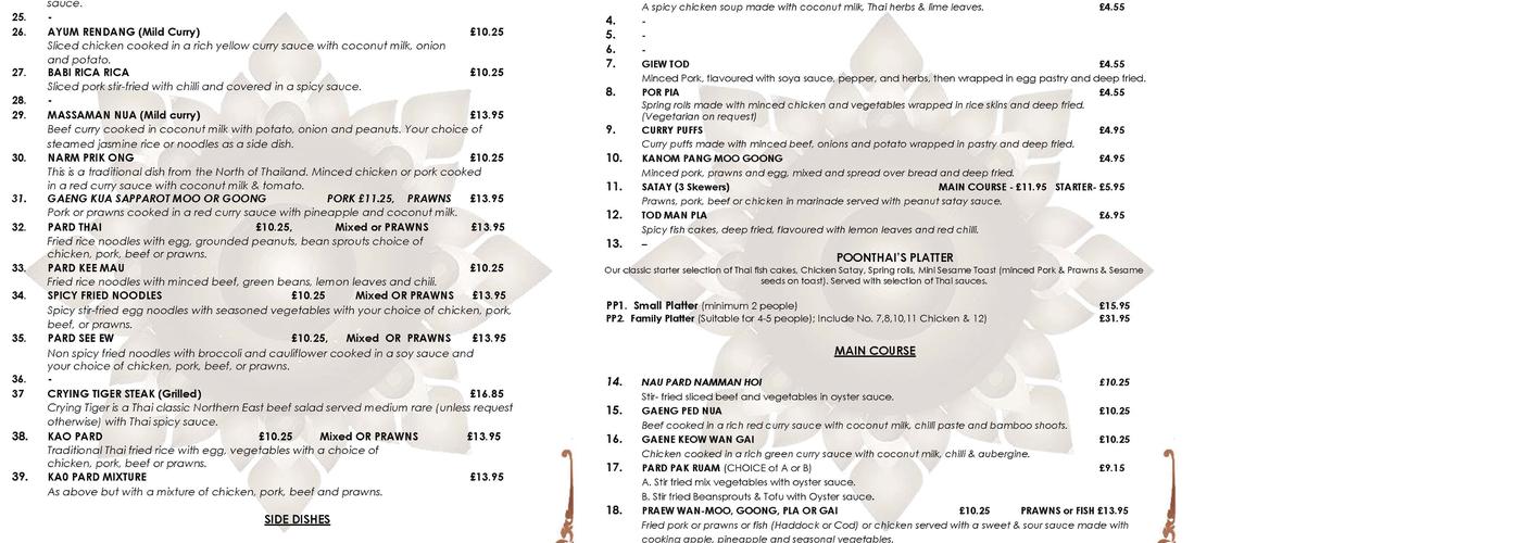 Poonthai's Menu