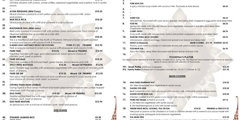 Poonthai's Menu
