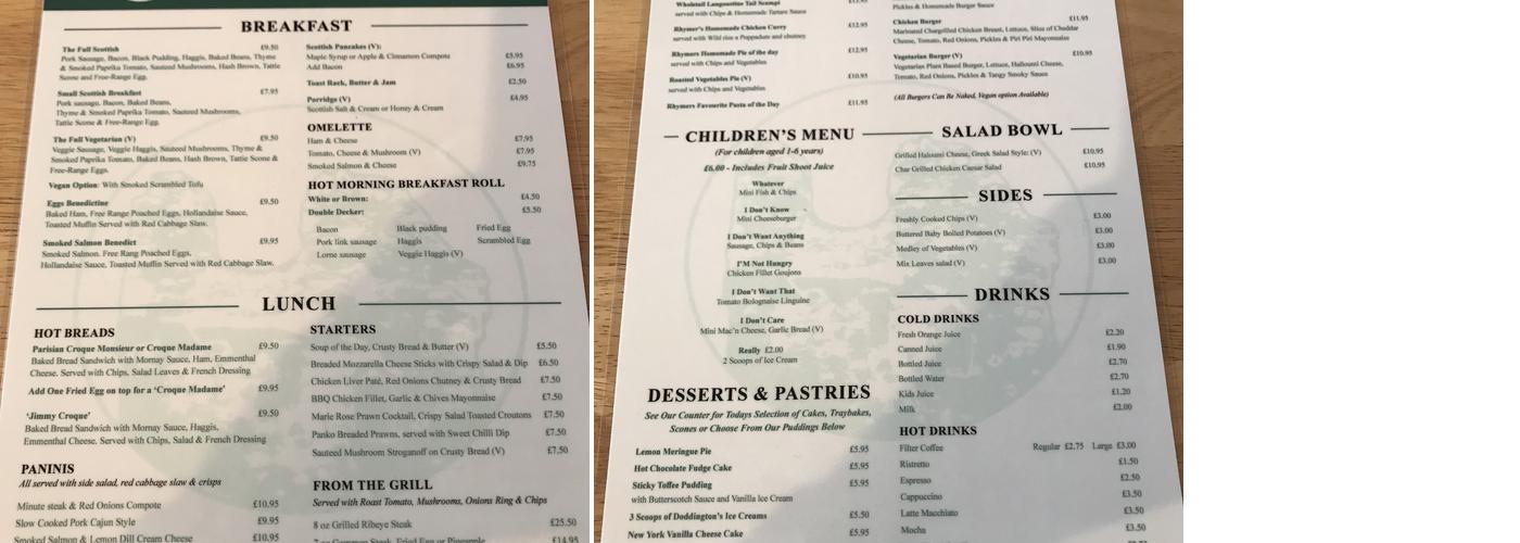 Rhymers Tower Coffee Shop and Restaurant Menu