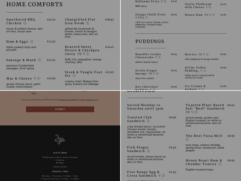 The Black Swan Pub & Restaurant, Crawley Menu