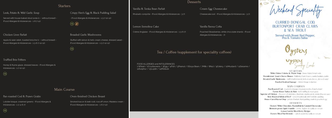 Oysters Restaurant Menu