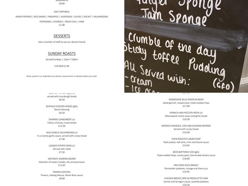 The Moon Inn at Stoney Middleton Menu