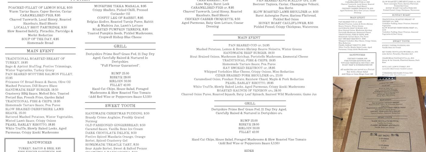 The Prince of Wales Baslow Menu