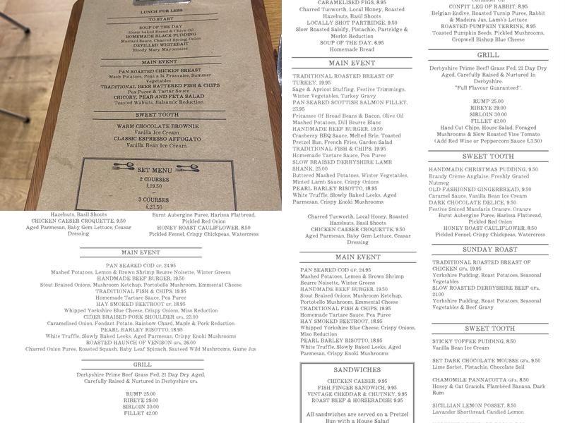 The Prince of Wales Baslow Menu