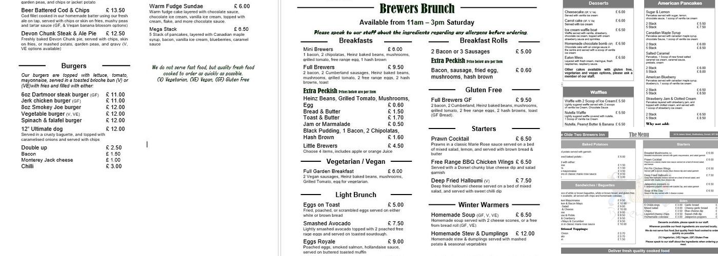 Ye Olde Two Brewers Menu