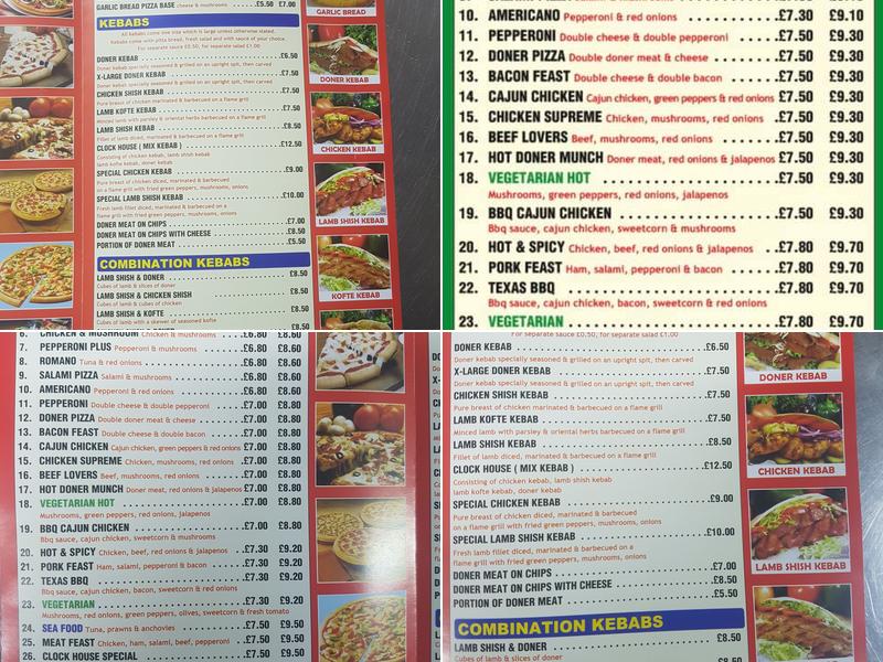 Clock House - Pizza and Kebab Menu