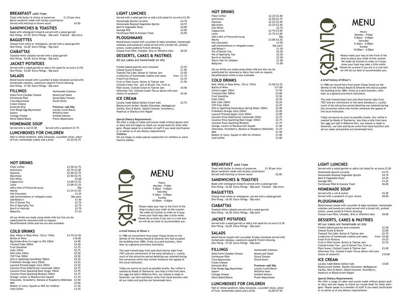 Oliver's Menu