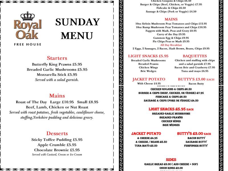 The Royal Oak Menu