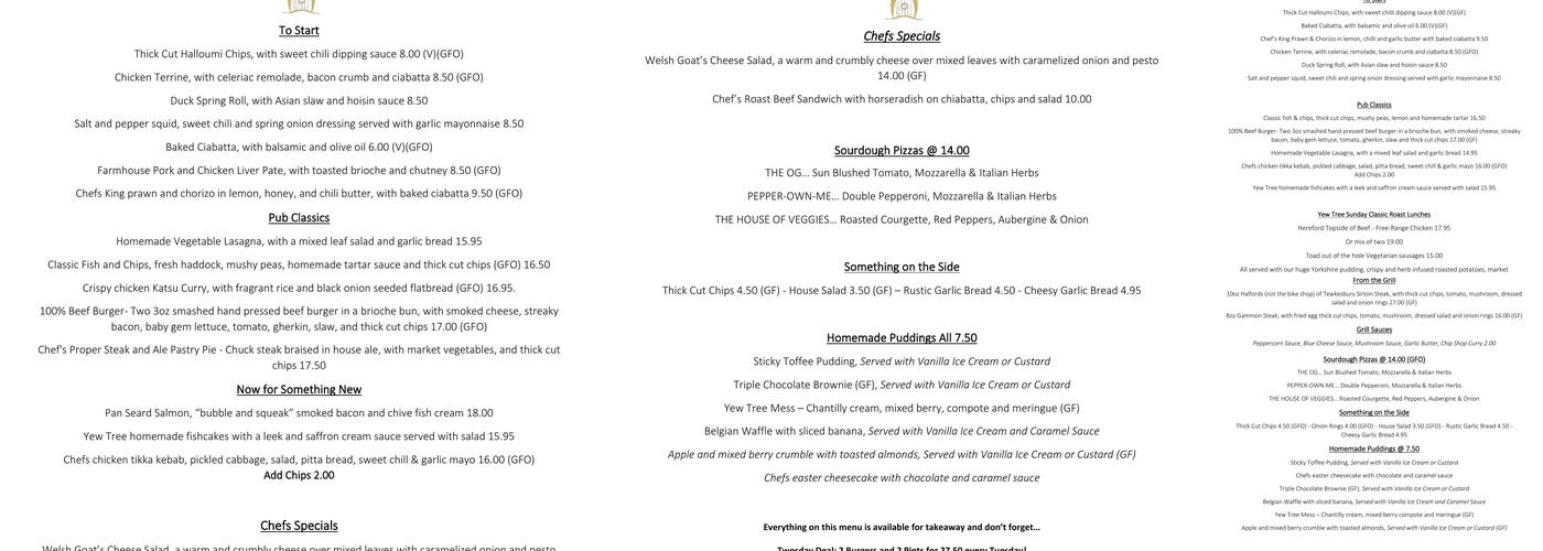 The Yew Tree, Conderton Menu