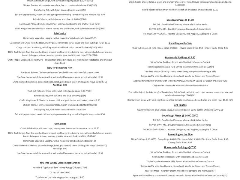 The Yew Tree, Conderton Menu
