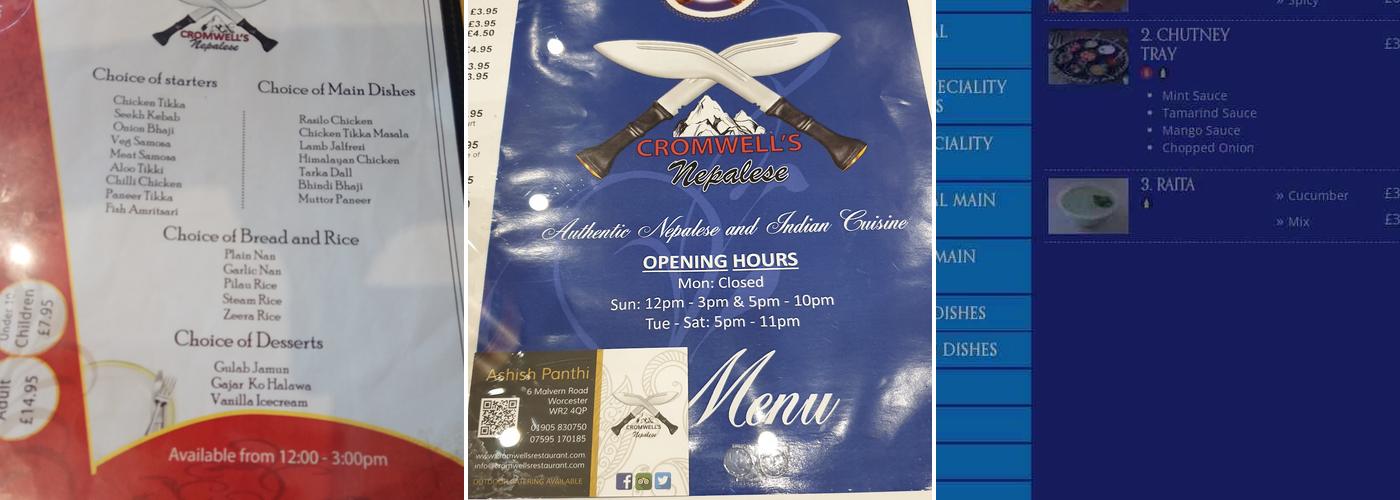 Cromwell's Nepalese and Indian Cuisine (Worcester) Menu