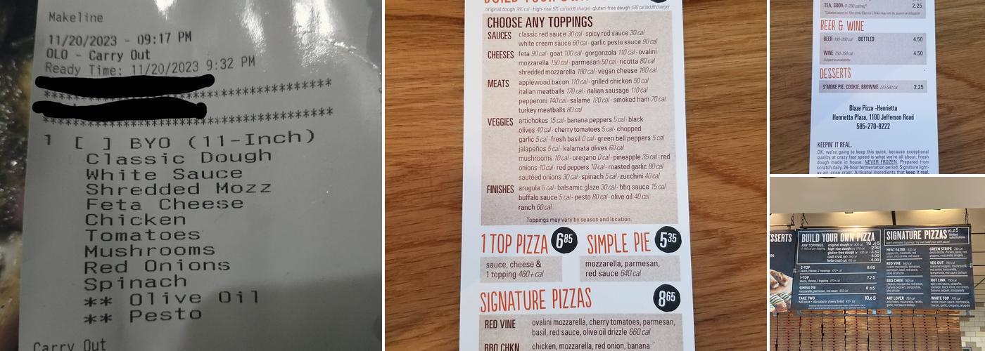 Blaze Pizza Menu