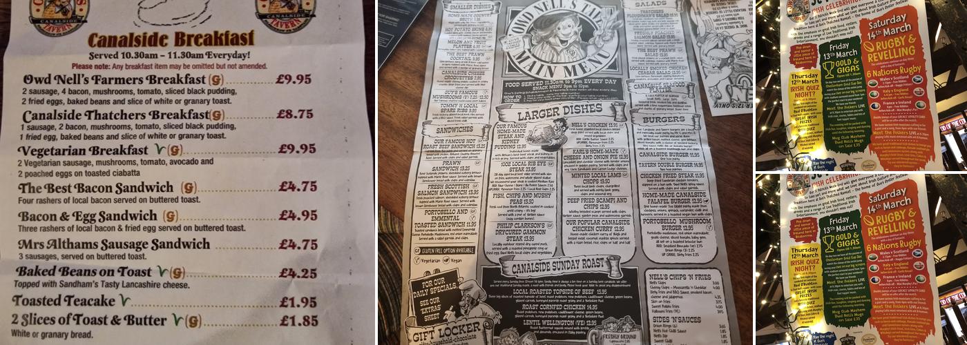 Owd Nells Canalside Tavern Menu
