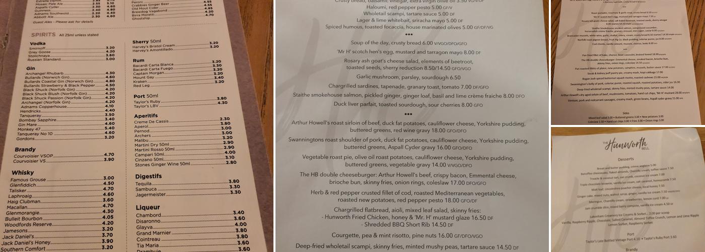 The Hunworth Bell Menu