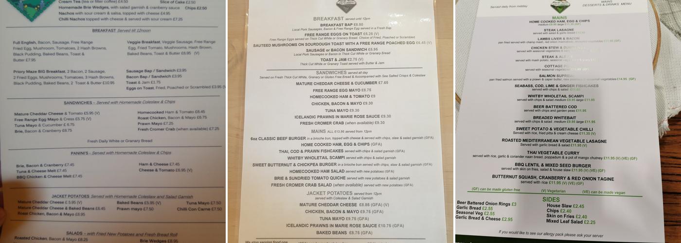 Priory Maze And Gardens Menu