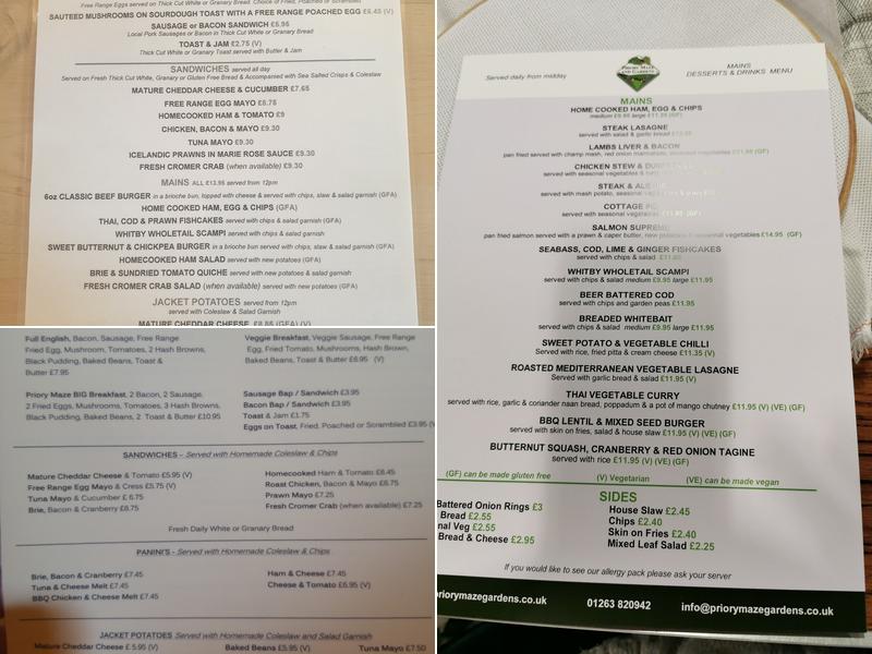 Priory Maze And Gardens Menu