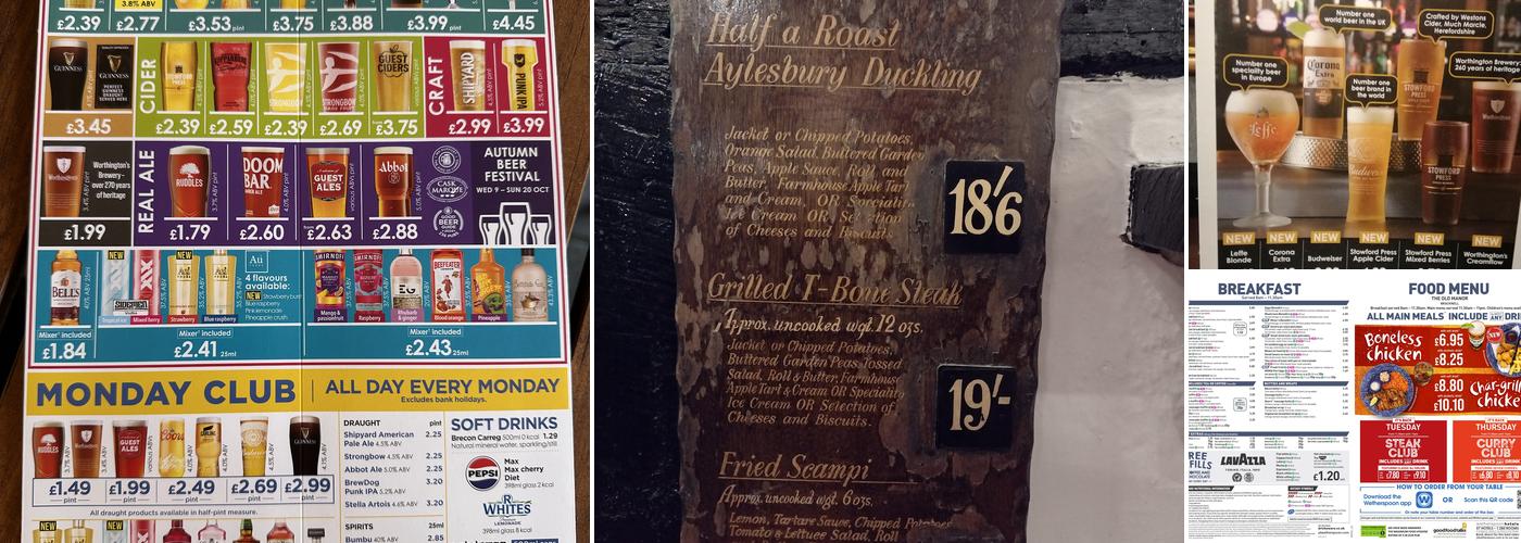 The Old Manor - JD Wetherspoon Menu