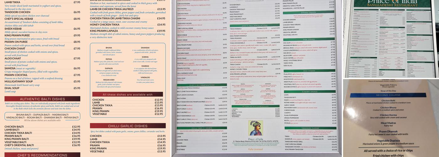 Prince Of India Menu