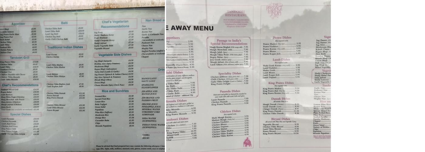 The Passage To India Menu
