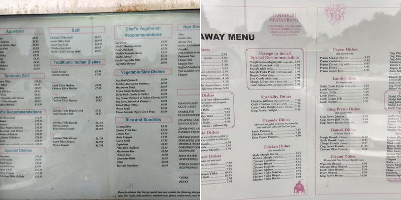 The Passage To India Menu