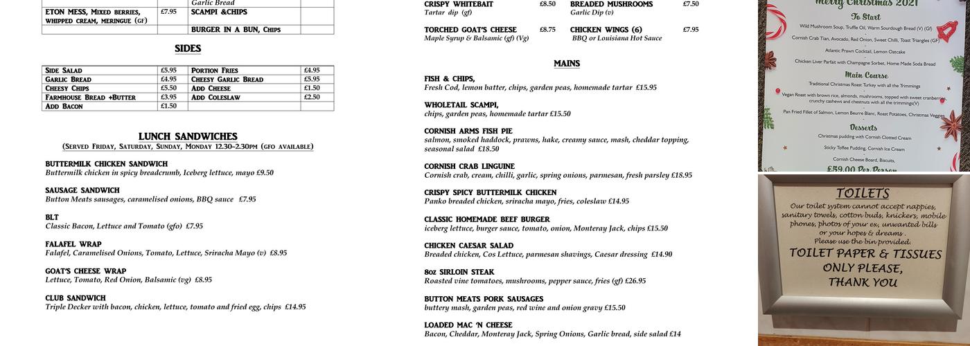 The Cornish Arms Inn Menu