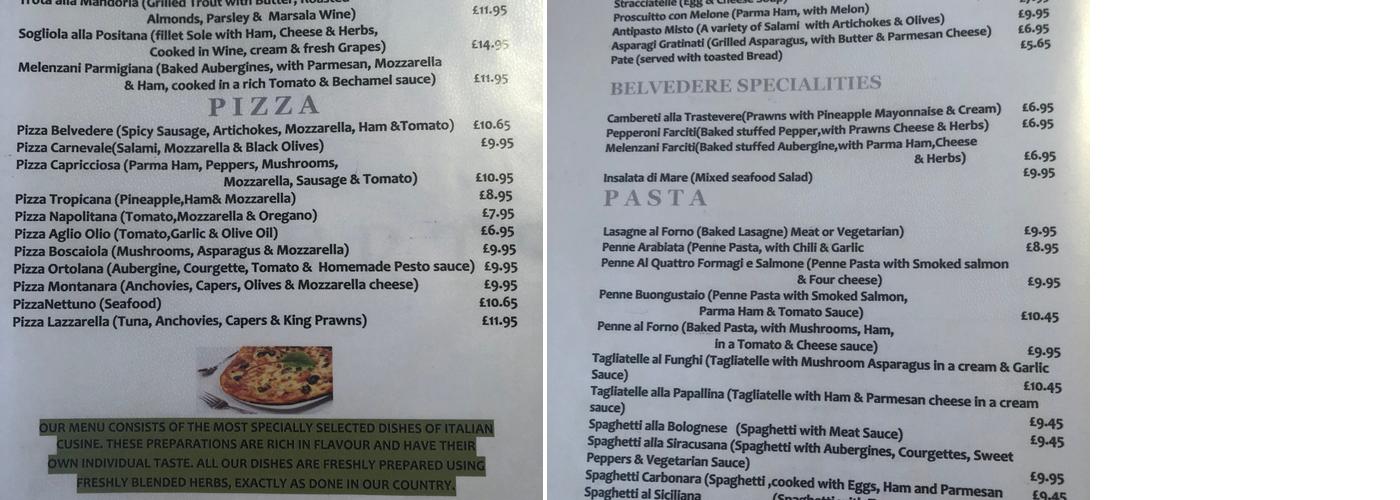 Belvedere Menu