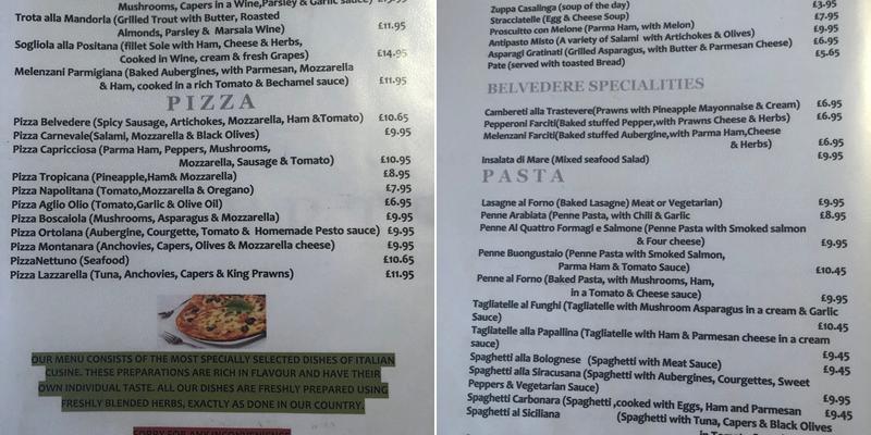 Belvedere Menu