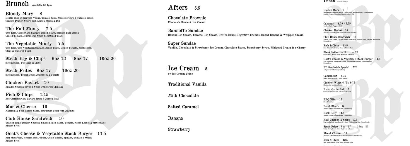 The Black Prince Menu