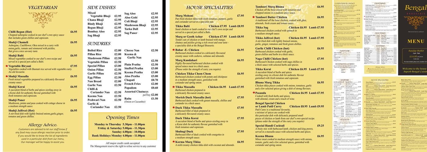 Bengal Brasserie Menu