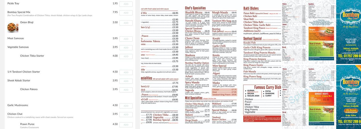 Bombay Clayoven Menu