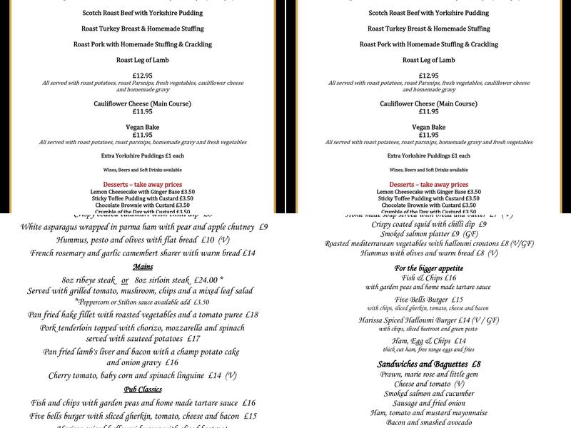 The Five Bells Menu