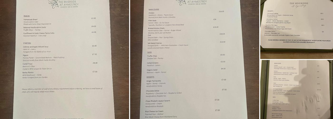 The Riverside at Aymestrey near Leominster Menu