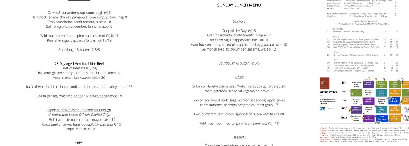 The Cliffe at Dinham Menu