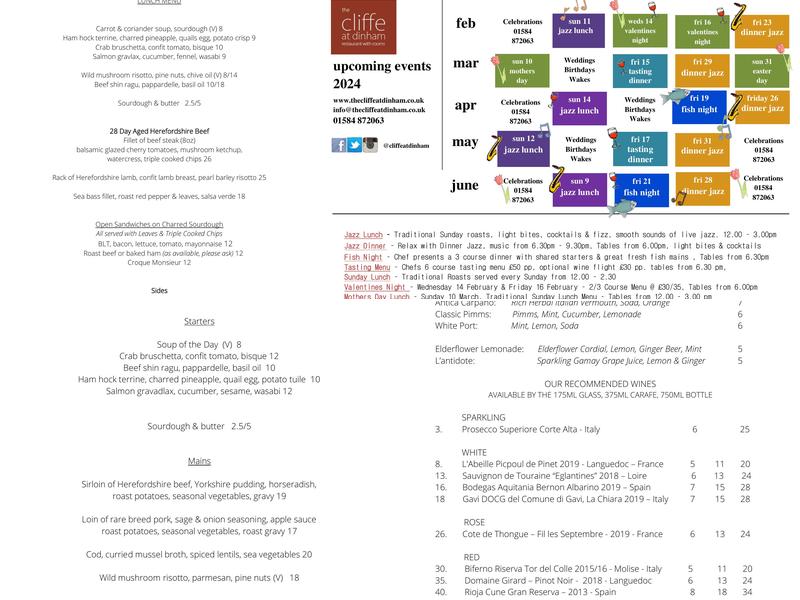 The Cliffe at Dinham Menu